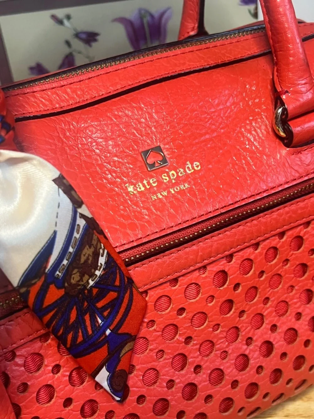 Kate Spade Perri Lane Bubbles Perforated Leather Satchel in Empire Red - Picture 2 of 14